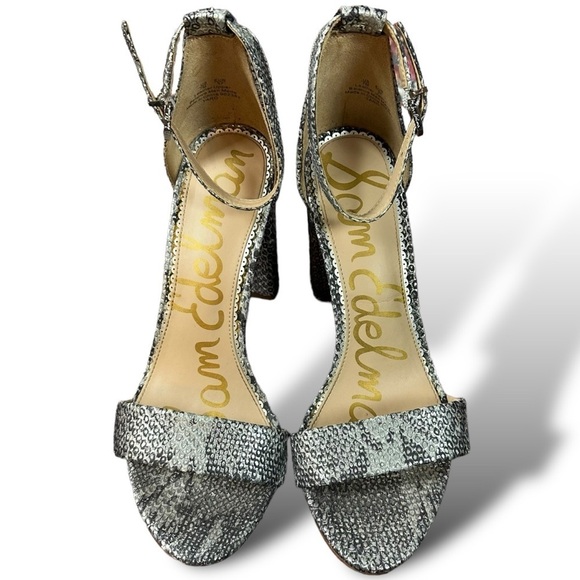 Sam Edelman Snakeskin Yaro Block Heeled Ankle Strap Sandals Silver Pumps 7 - Picture 4 of 15
